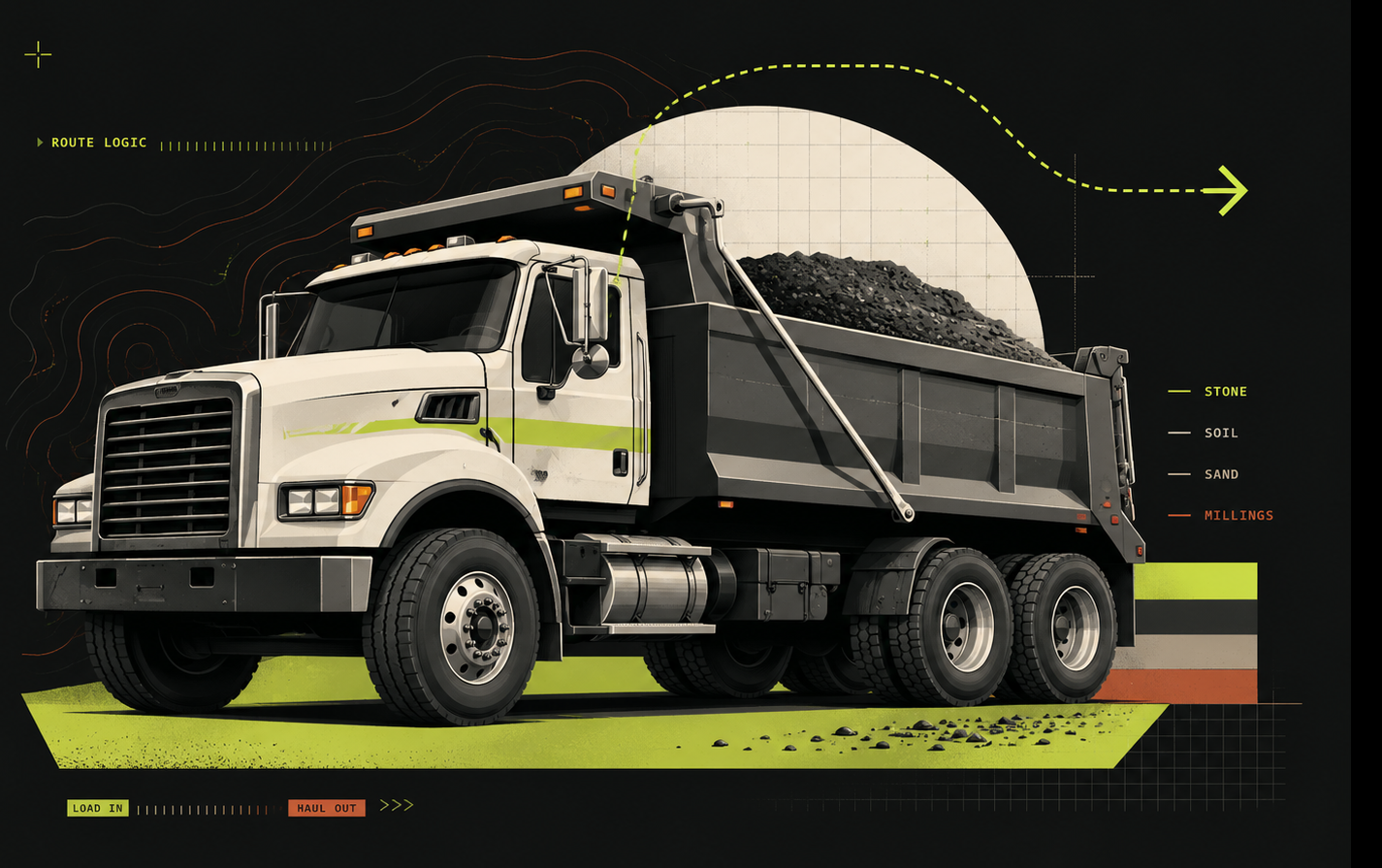 Editorial illustration of a tandem dump truck carrying gravel for bulk material delivery and dirt hauling